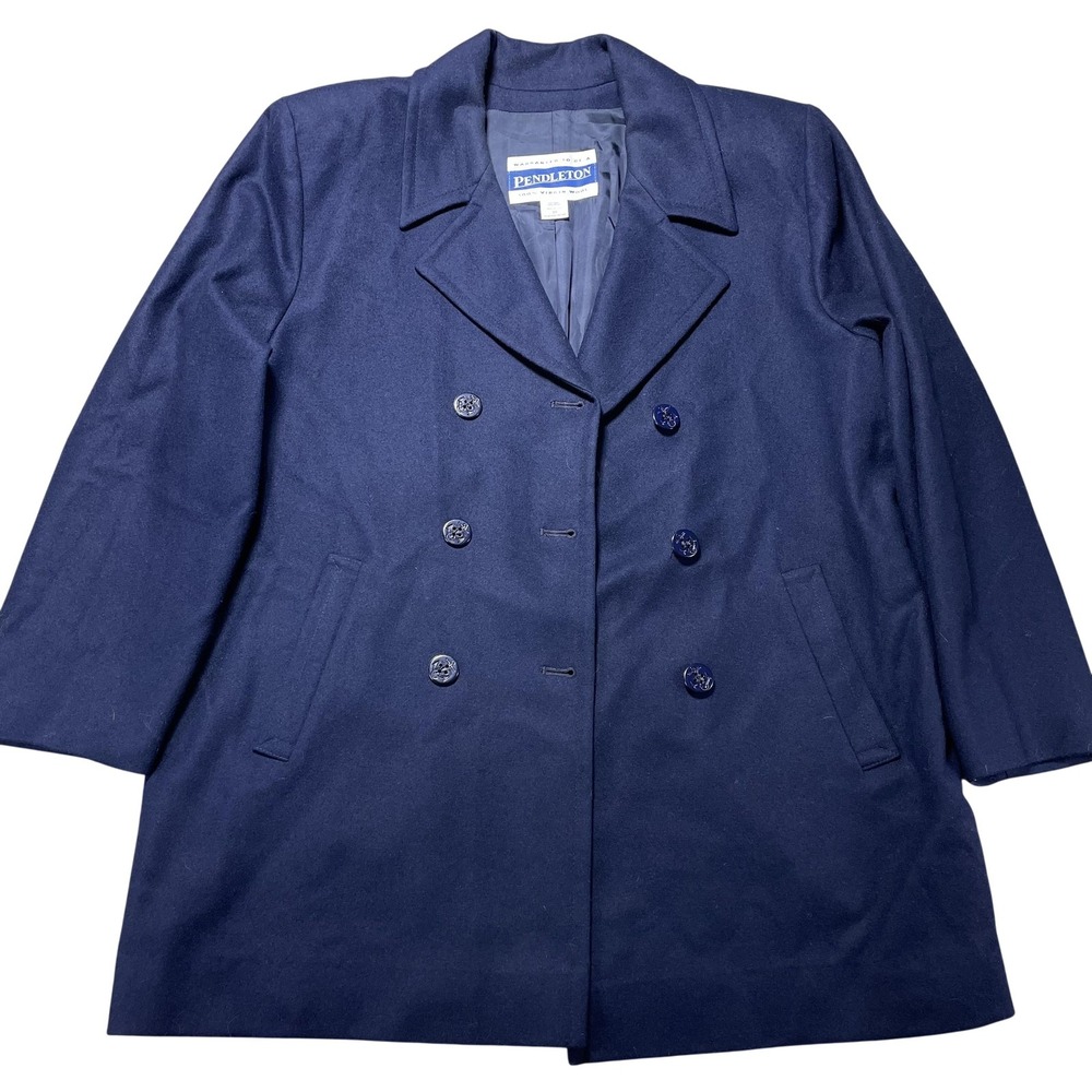 Vintage Pendleton Coat Womens 16 Navy Wool Pea Double Breasted Anchor Buttons